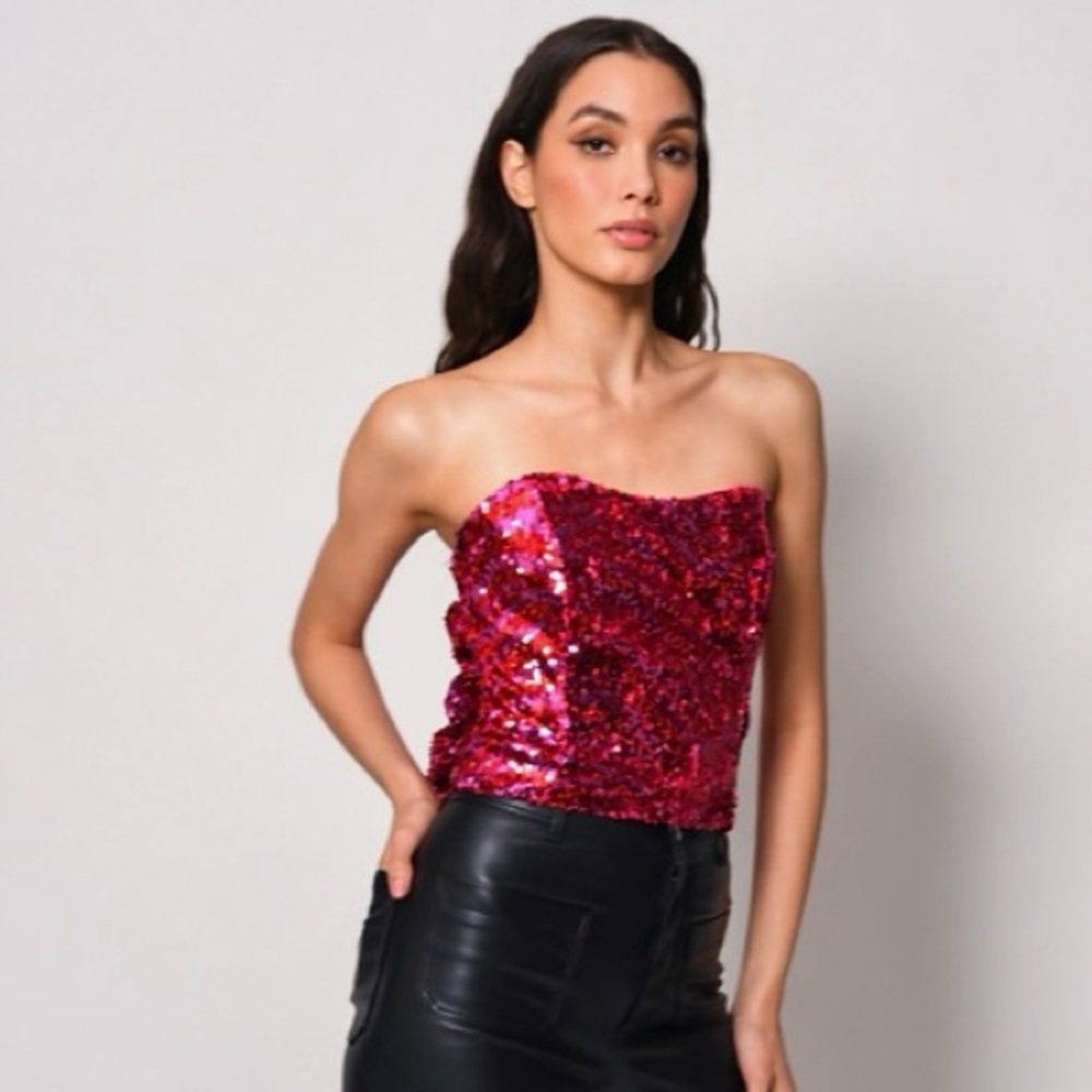 Hutch Hot Pink Delphine Sequin Bow Strapless Top w/ Sweetheart Neckline & Boning - Picture 2 of 16